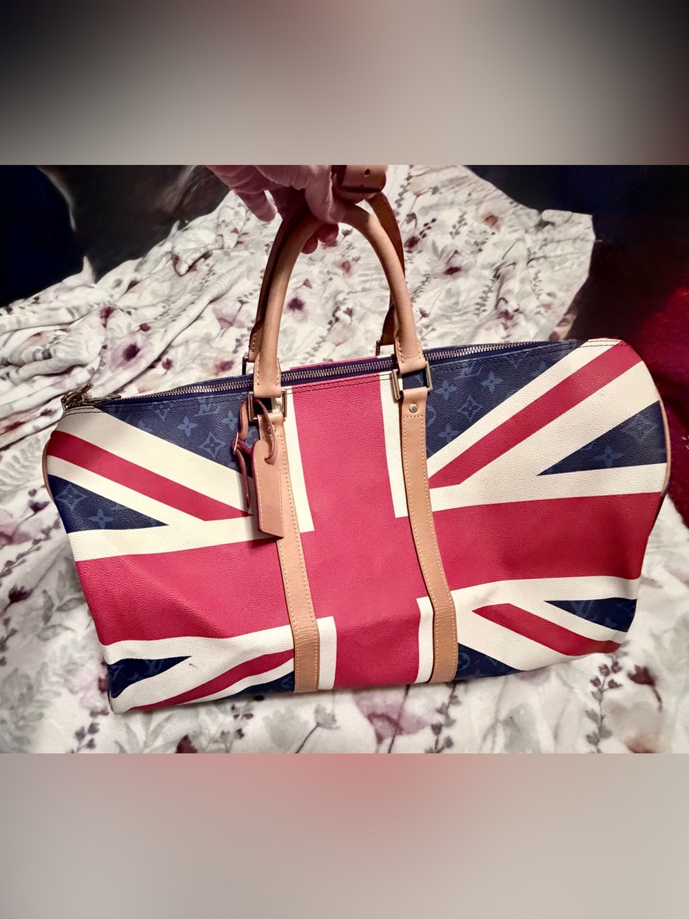 Blue monogram- Red,Blue and White Union Flag Travel duffle with Tan trim sz 50